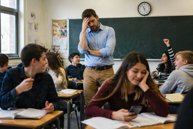 classroom with teacher struggling to manage distracted students