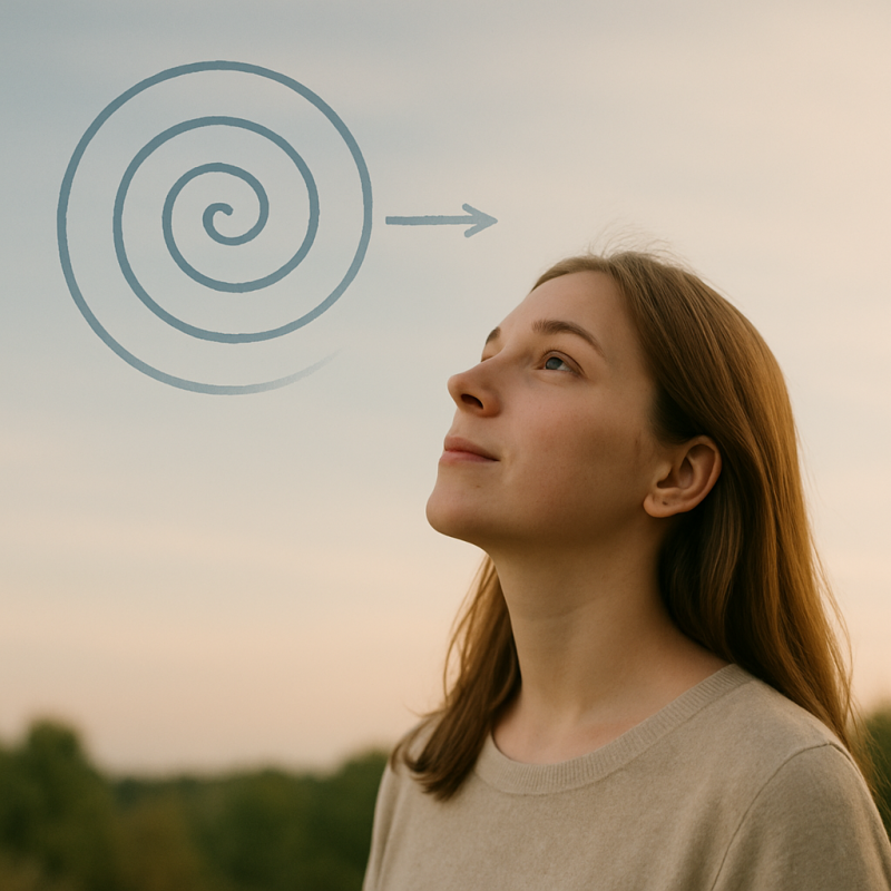 “A realistic outdoor photo of a young woman gazing upward with a peaceful, thoughtful expression. A subtle blue spiral illustration appears beside her head, expanding outward into an arrow to represent the release of overthinking and the movement from con