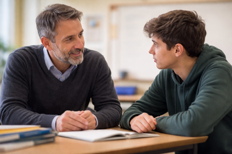 teenage boy talking with counselor about motivation and school difficulties