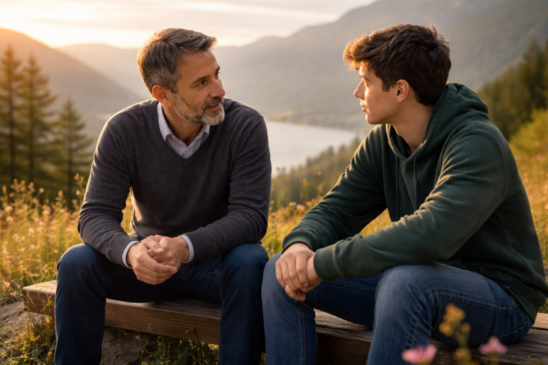 teenage boy talking with mentor in nature about motivation and life challenges