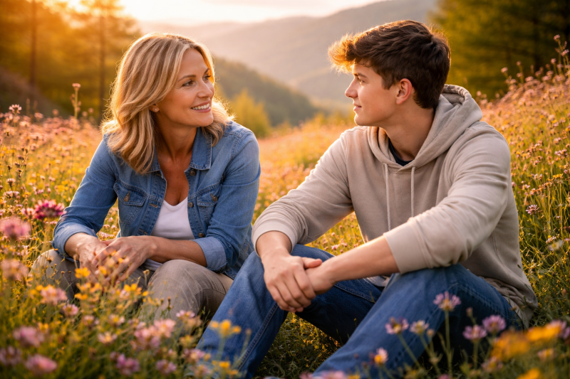 teenage boy sitting with adult in a flower field having a deep emotional conversation
