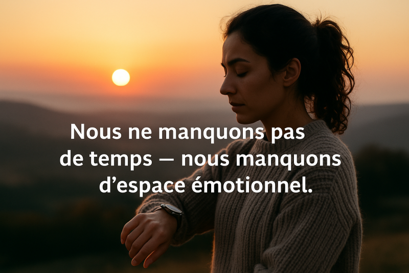 Image inspirante d’une femme regardant l’heure au coucher du soleil, représentant la surcharge émotionnelle et la gestion du temps.