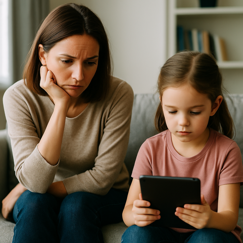 A concerned mother watches her young daughter focused intensely on a tablet, illustrating the emotional struggle many parents face around children’s screen usage.