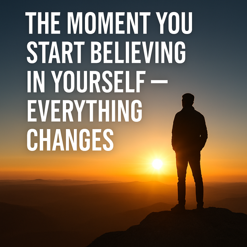 Silhouette of a man standing on a mountaintop at sunrise, symbolizing self-belief, confidence, and personal growth.