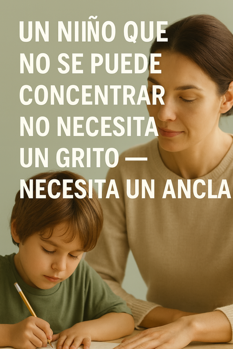  Una madre acompañando a su hijo mientras estudia, con el texto: “Un niño que no se puede concentrar no necesita un grito — necesita un ancla”. Imagen destinada a promover comprensión y apoyo emocional para niños con dificultades de atención.