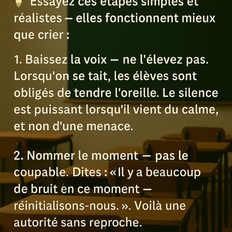 Aperçu d’une salle de classe calme avec un message motivant en français : “Quand tu perds le contrôle de la classe — tu peux retrouver ton calme”.