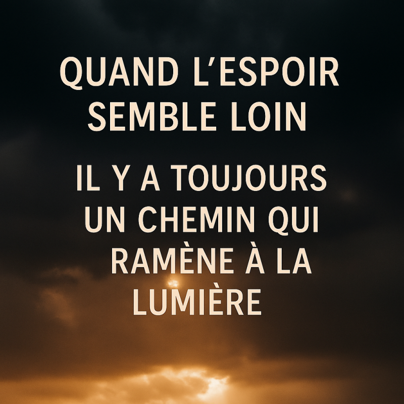  Ciel sombre avec une lueur de lumière dorée à l’horizon, accompagné du texte : “Quand l’espoir semble loin — il y a toujours un chemin qui ramène à la lumière.”