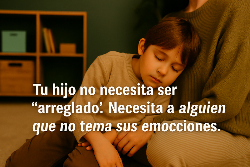 A photograph of a young boy resting his head gently on the lap of an adult caregiver. The warm, soft lighting creates a feeling of emotional safety and tenderness. Over the image appears a Spanish caption: “Tu hijo no necesita ser ‘arreglado’. Necesita a 