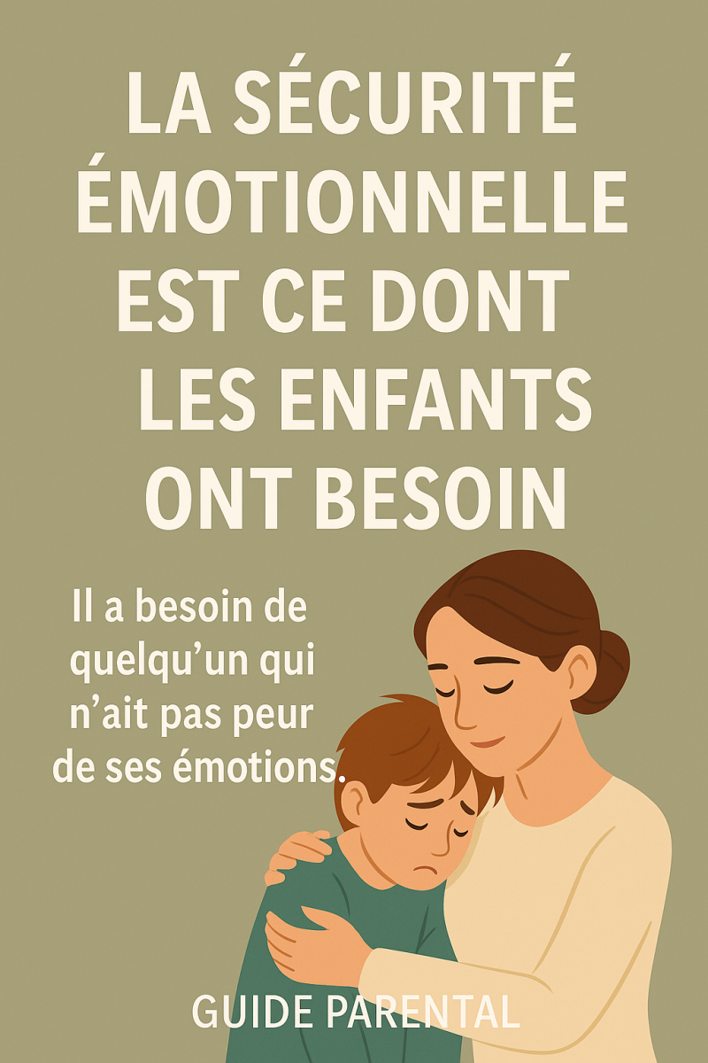 Image en français sur la sécurité émotionnelle chez l’enfant, montrant un parent apaisant un enfant en détresse, mettant en avant l’importance de la présence calme et de la connexion pour soutenir le développement émotionnel.