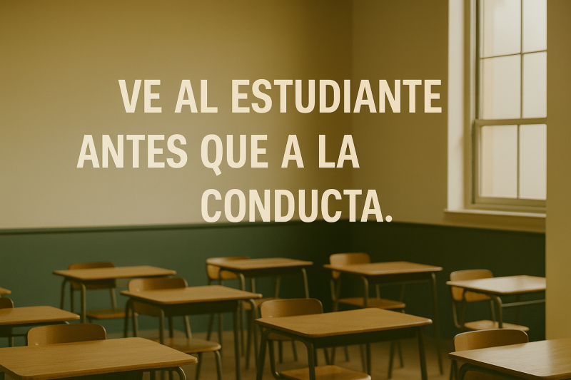  Imagen de un salón de clases vacío con luz natural y el mensaje “Ver al alumno antes que la conducta”. Ideal para contenidos sobre educación inclusiva, apoyo emocional, comprensión del comportamiento infantil y estrategias pedagógicas basadas en conexión