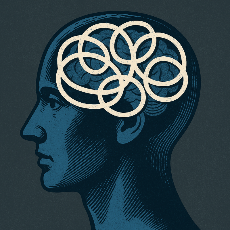 Ilustración digital del perfil de una persona con una nube de líneas enredadas dentro de la cabeza, representando pensamientos repetitivos, sobrepensamiento y bucles mentales. Tonos suaves en azul y gris transmiten estrés, confusión y sobrecarga emocional