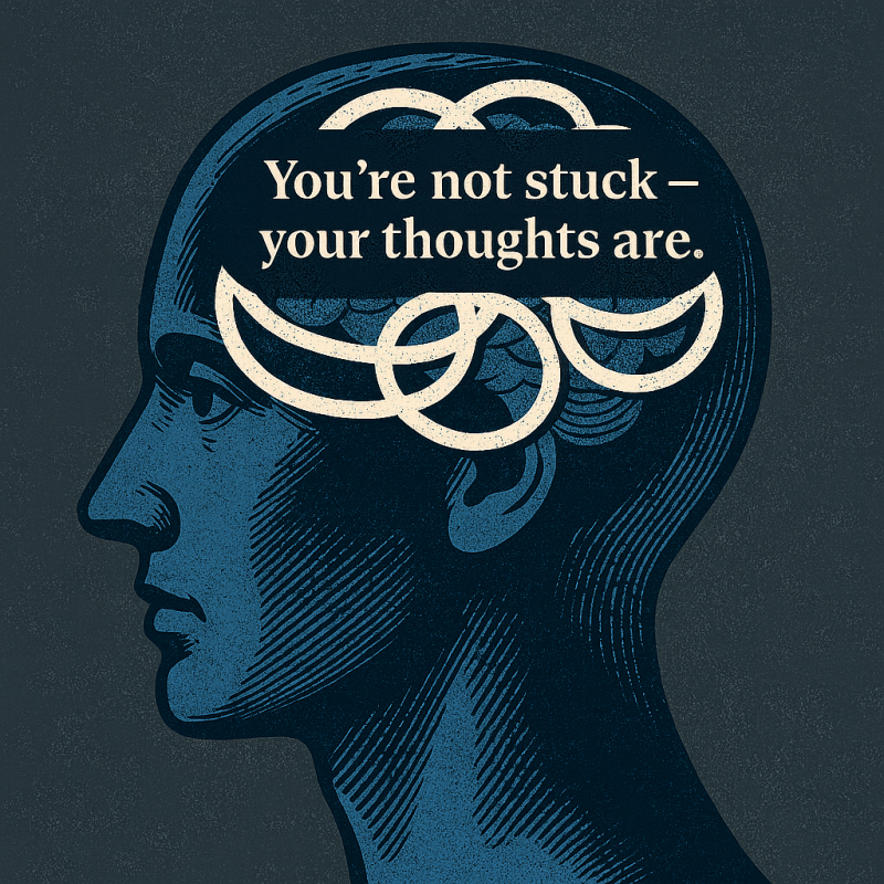 A digital illustration of a person in profile with a tangled cluster of chaotic lines inside the head, symbolizing overthinking, mental loops, and emotional overwhelm. Soft blue and gray tones convey stress and confusion in the mind.