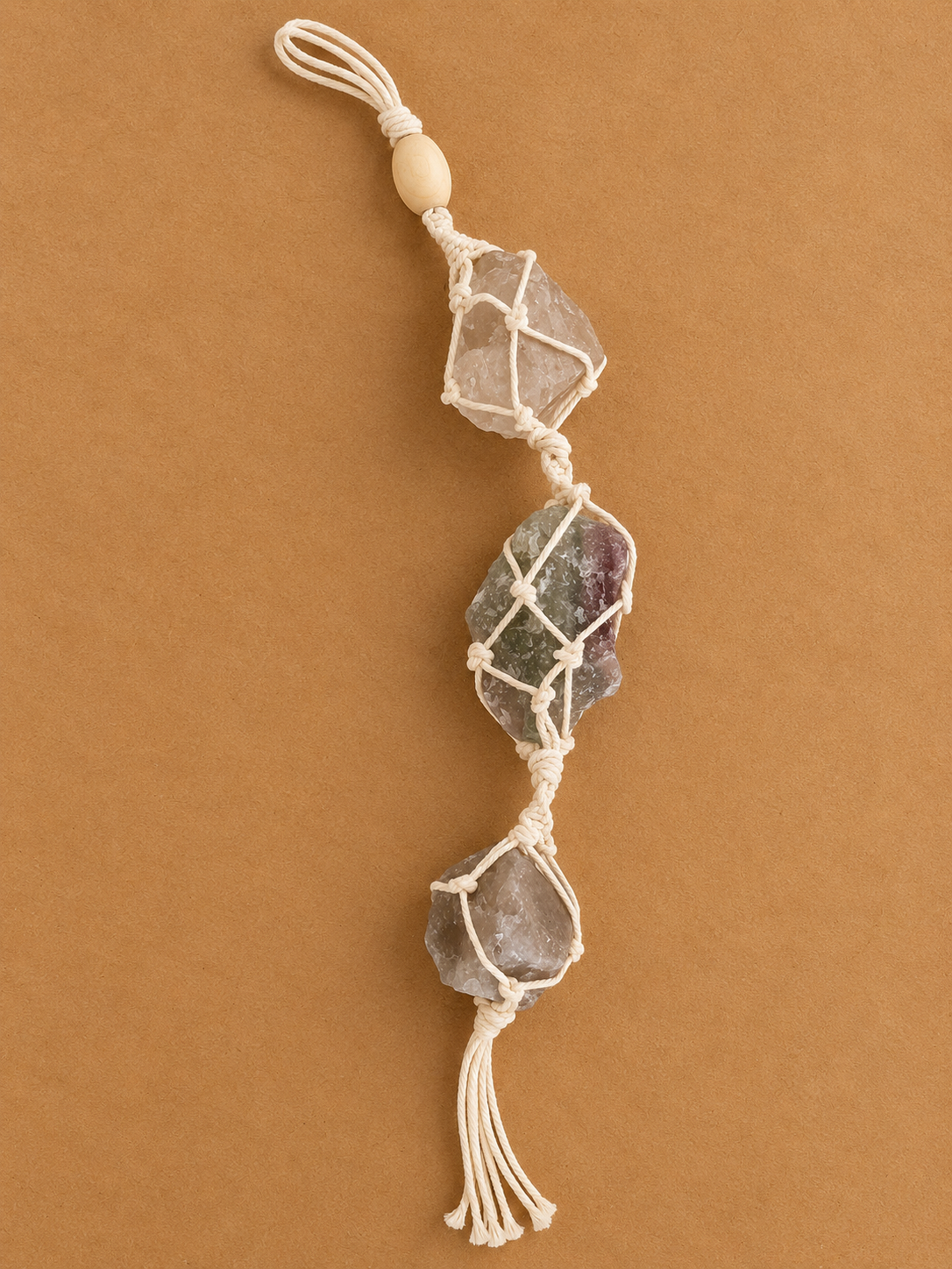 Macramé gele calciet, fluoriet, rookkwarts