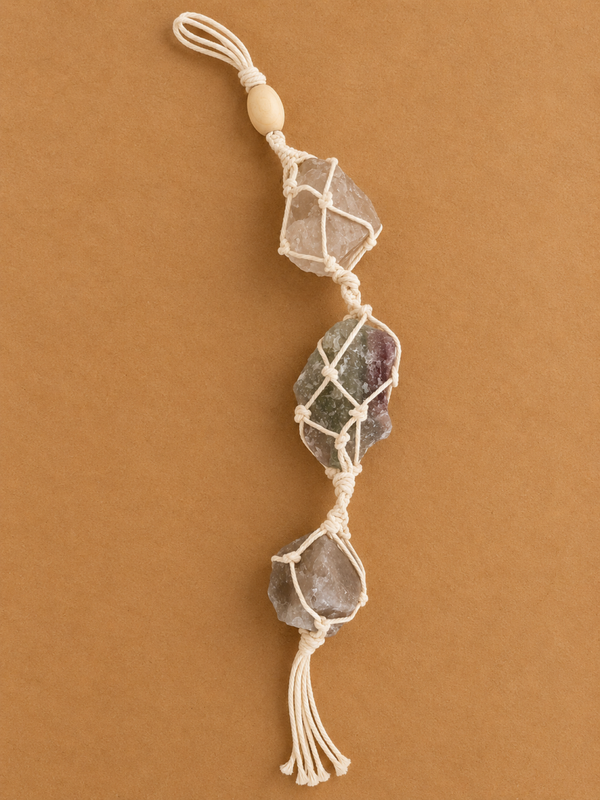 Macramé gele calciet, fluoriet, rookkwarts