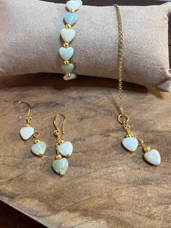 💙 Handgemaakte Sieradenset – Amazoniet Hart met Gouden Kralen