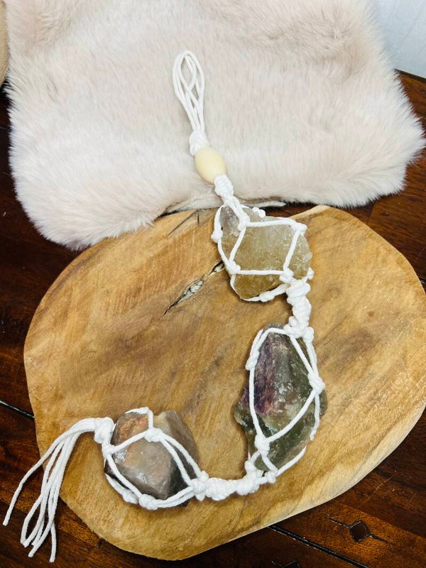 Macramé gele calciet, fluoriet, rookkwarts