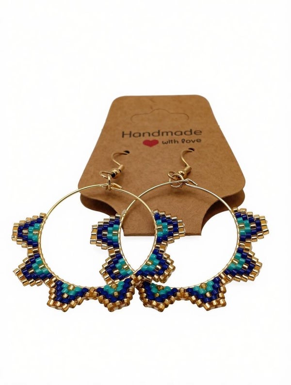 Handmade Blue & Gold Beaded Hoop Earrings