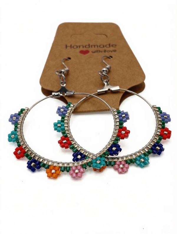 Handmade Multicoloured Floral Beaded Hoop Earrings