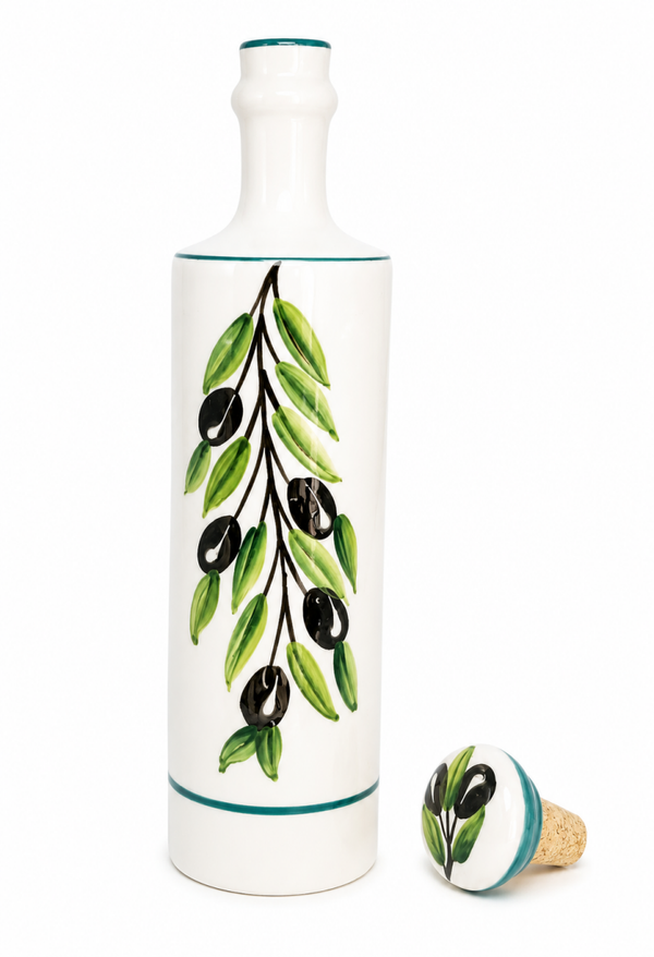 Handmade White Olive Motif 21oz Ceramic Olive Oil Dispenser