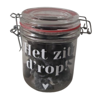 Snoeppotje met tekst Het zit d'rop