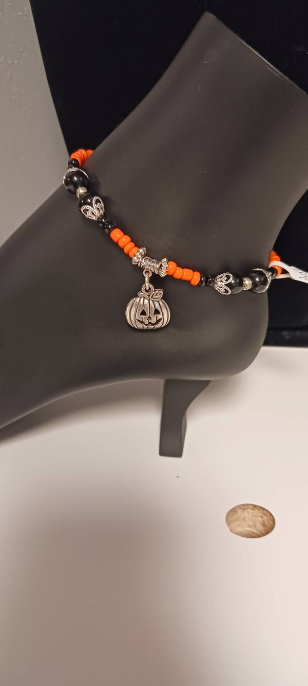 Orange and Black Beaded Pumpkin Anklet