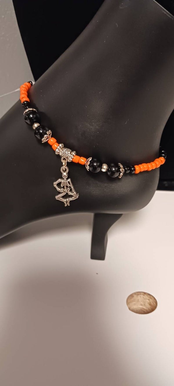 Orange and Black Beaded Skeleton Charm Anklet