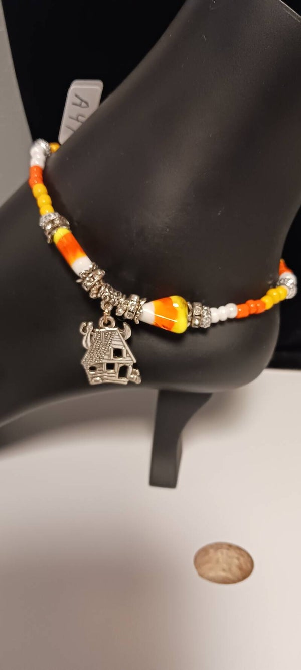 Orange and Black Beaded Candy Corn Haunted House Charm Anklet