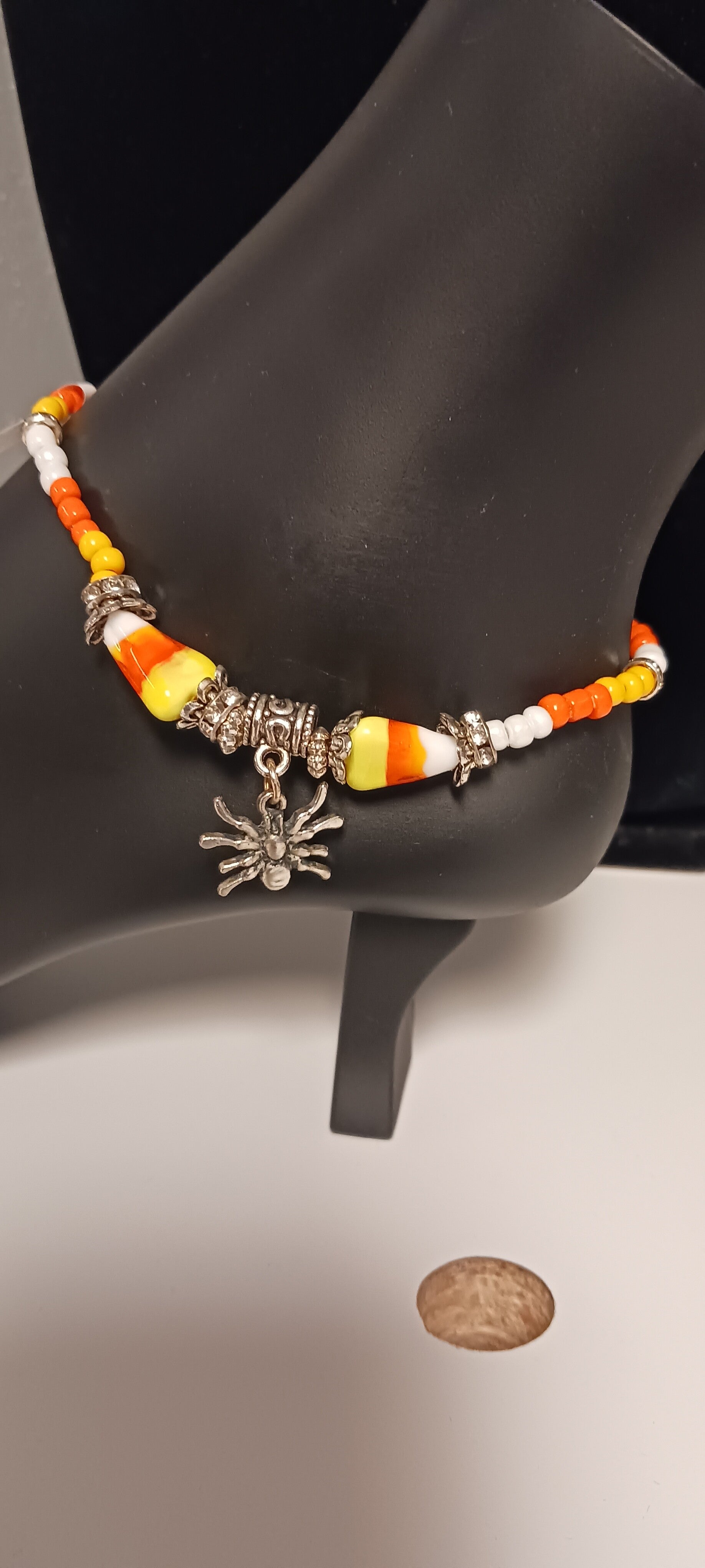 Orange and Black Beaded Candy Corn Spider Charm Anklet