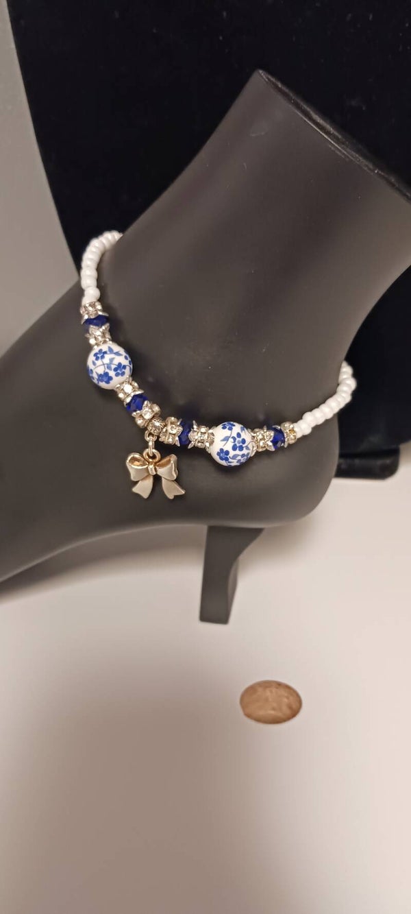 Blue and White Beaded Ribbon Anklet
