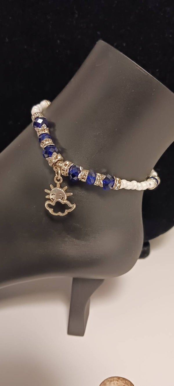 Blue and White Beaded Sun and Cloud Anklet
