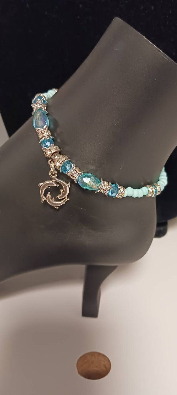 Sea Blue Beaded Dolphin Anklet