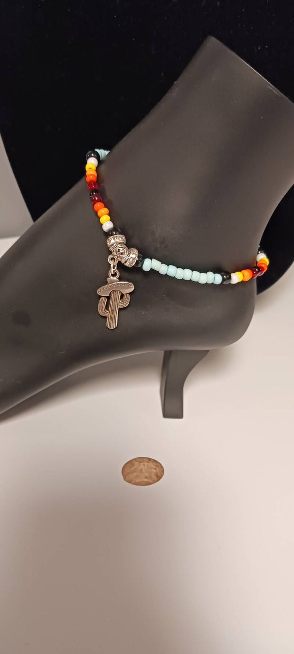 Bohemian Blue Beaded Sombrero Cactus Anklet