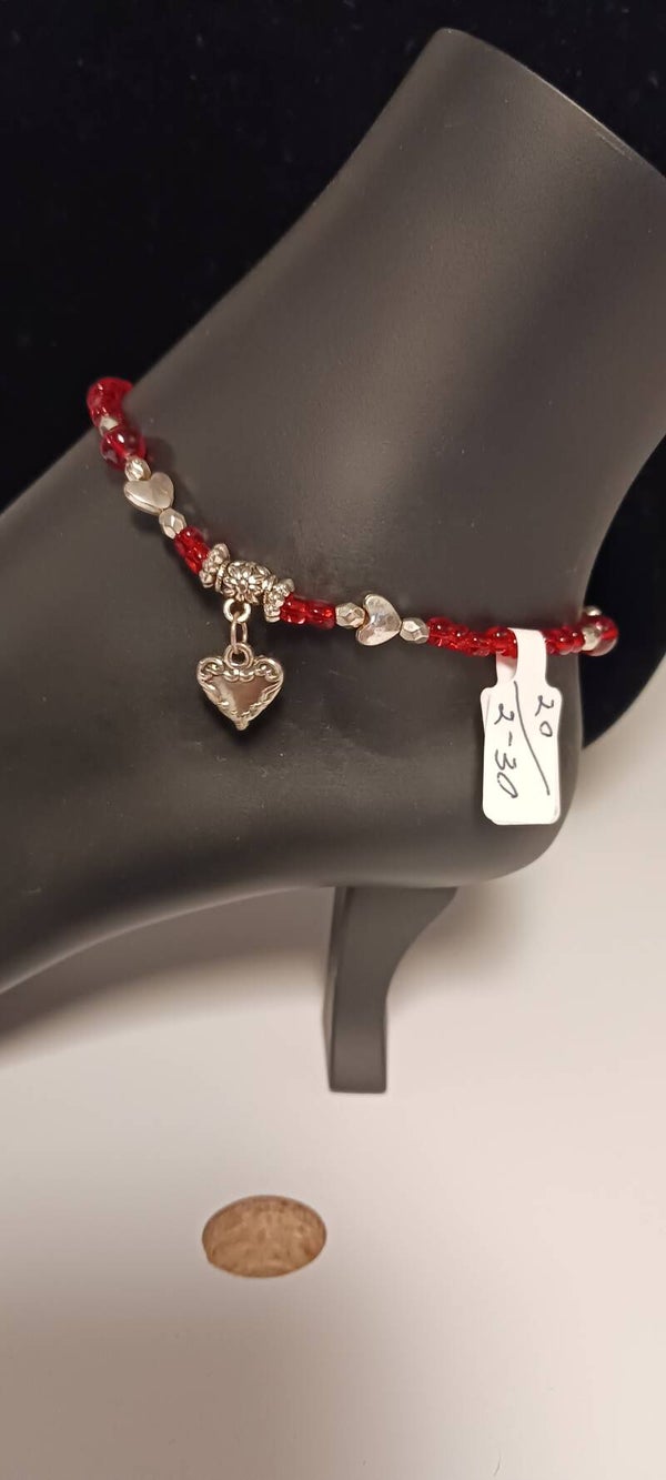 Fire Red Beaded Heart Anklet