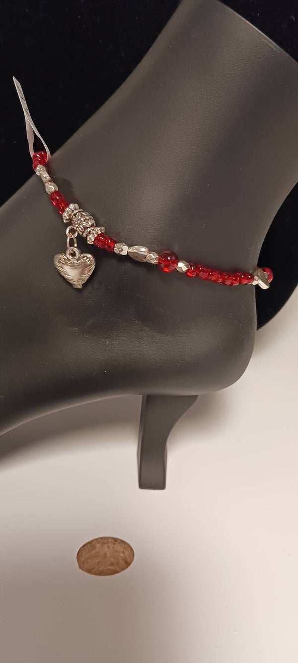 Fire Red Beaded Etched Heart Anklet