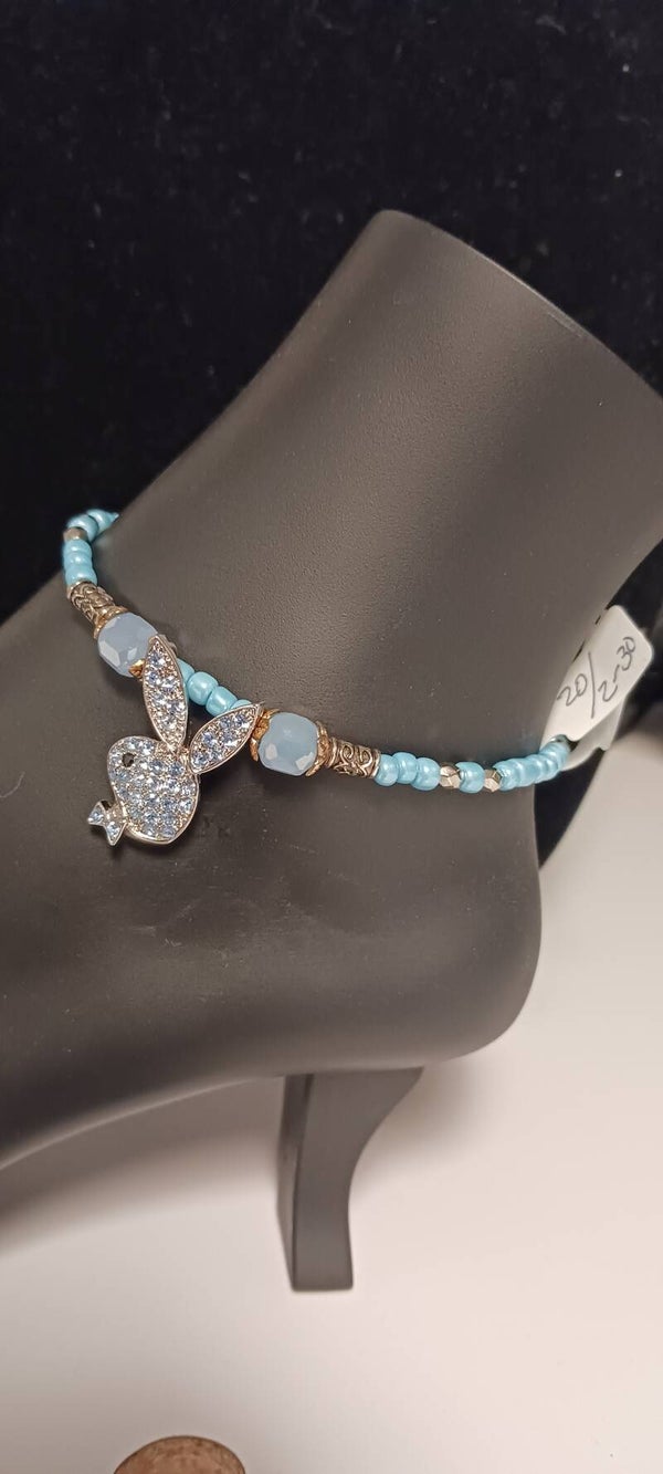 Baby Blue Beaded Playboy Bunny Anklet