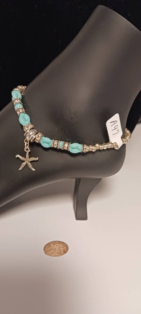 Silver Sea Beaded Anklet with Starfish Charm