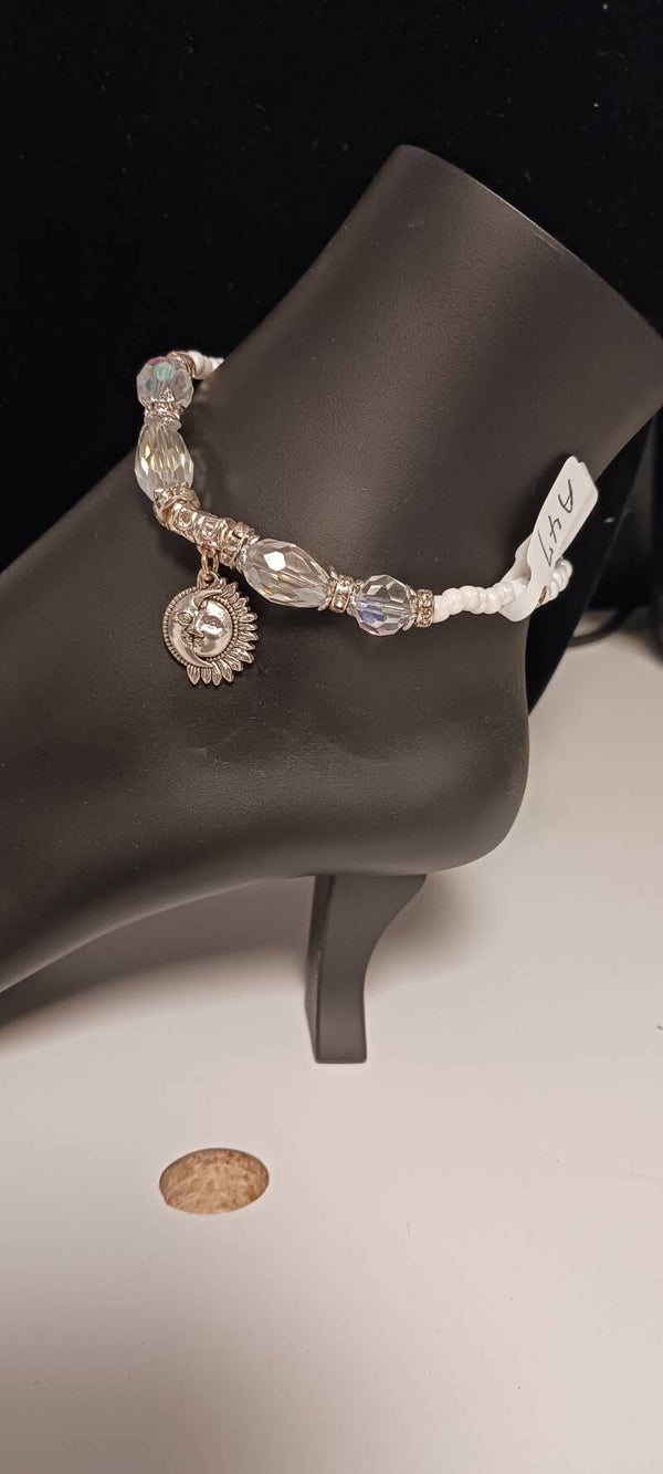 White Crystal Beaded Anklet with Sun and Moon