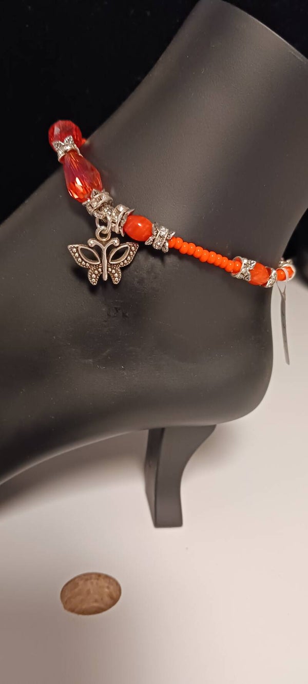 Orange Beaded Butterfly Anklet