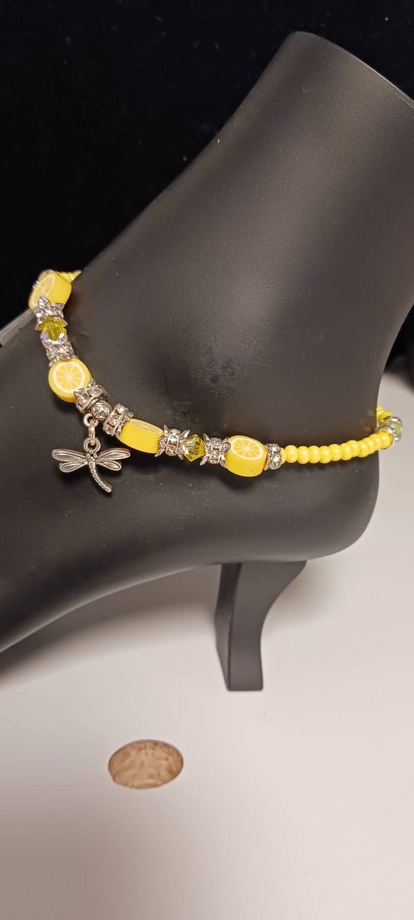 Yellow Lemon Wedge Beaded Dragonfly Anklet