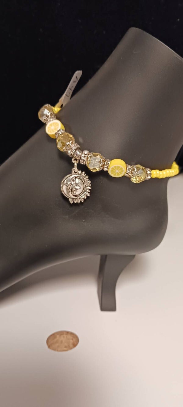 Yellow Lemon Wedge Beaded Sun and Moon Anklet