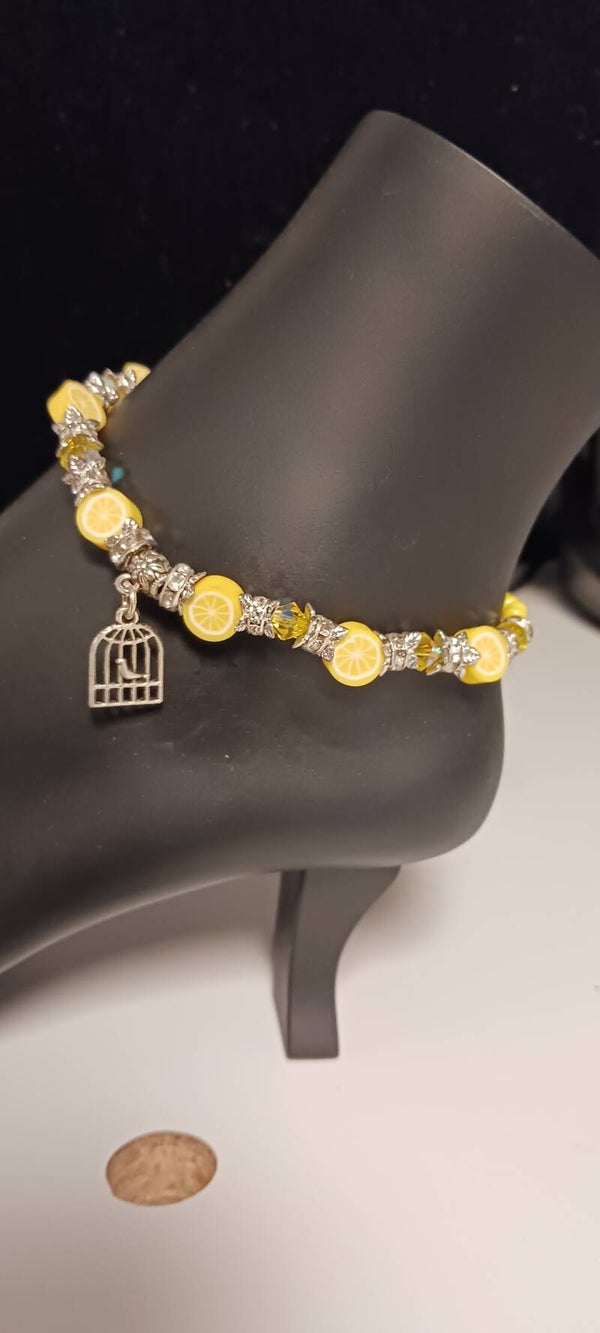Yellow Lemon Wedge Beaded Bird Cage Anklet