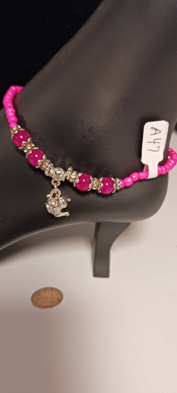 Hot Pink Beaded Teapot Anklet