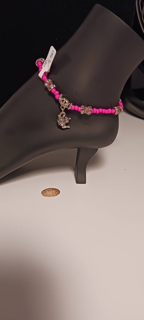 Hot Pink Beaded Teapot Anklet