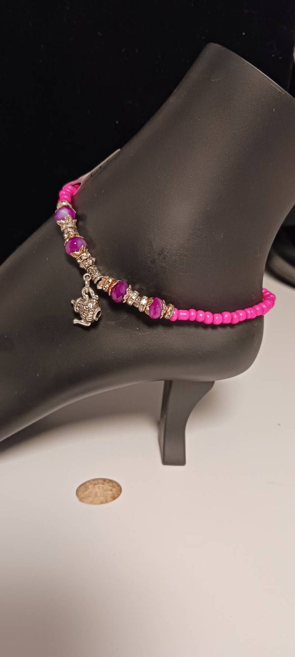 Hot Pink Beaded Teapot Anklet