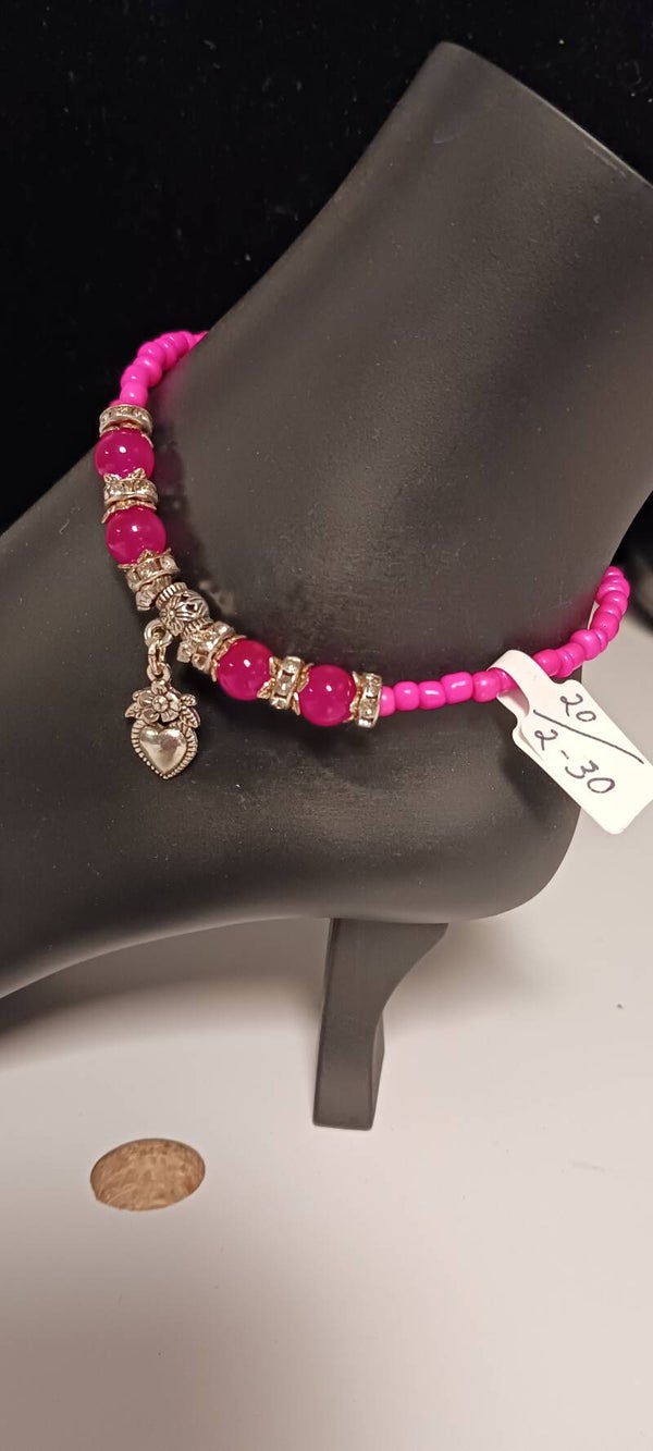 Hot Pink Beaded Heart and Rose Anklet