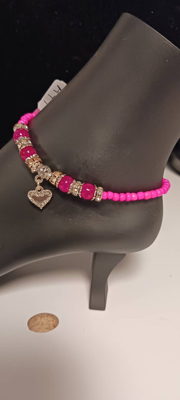 Hot Pink Beaded Heart Anklet