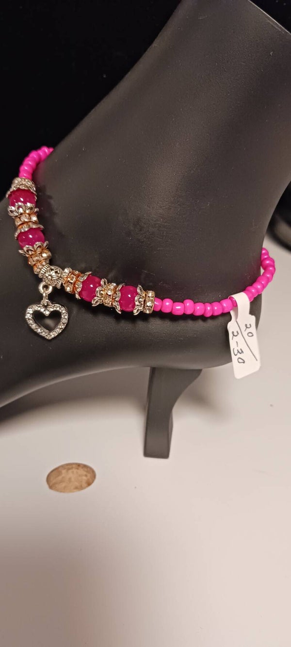 Hot Pink Beaded Heart Anklet