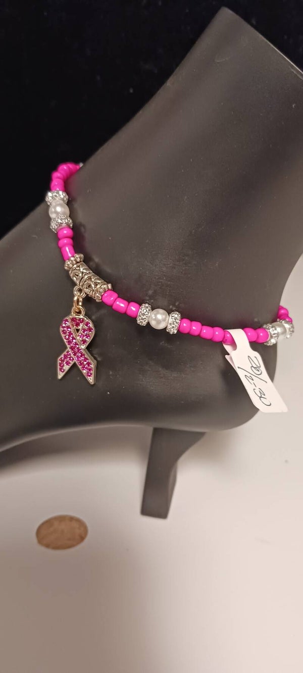 Hot Pink Beaded Breast Cancer Anklet