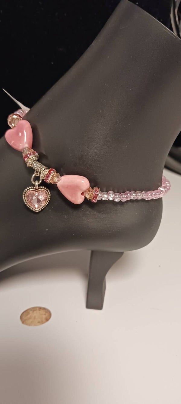 Pretty in Pink Beaded Heart Gem Anklet