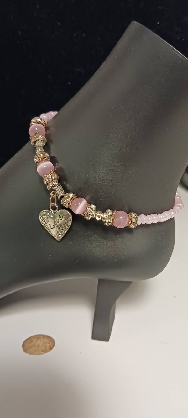 Pretty in Pink Beaded Love Heart Anklet